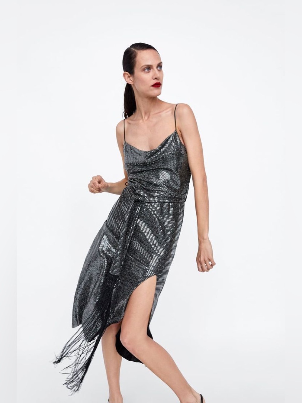 Zara Black Sequin Midi Slip Dress with Tie Waist